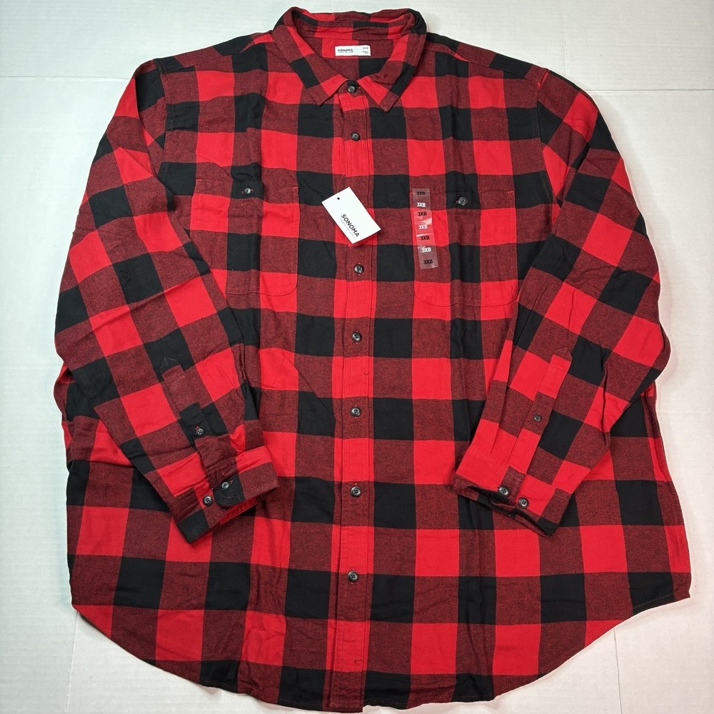 Sonoma Buffalo Plaid Flannel Shirt Men's Size 3XB Red Black Supersoft Cotton